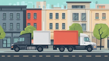 Logistics delivery flat design side view urban transportation theme cartoon drawing Split-complementary color scheme.. 