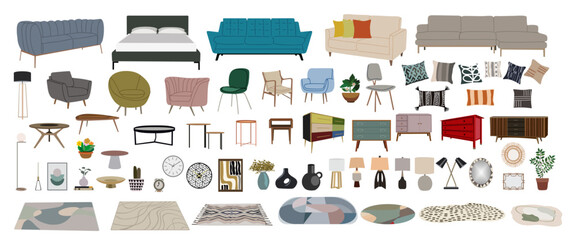 Set of home furniture, interior decor for living room, bedroom. Armchairs, sofas, bed, tables, mirrors, carpets, clock, chair, lamps, wall art. Flat vector illustration isolated on white background.