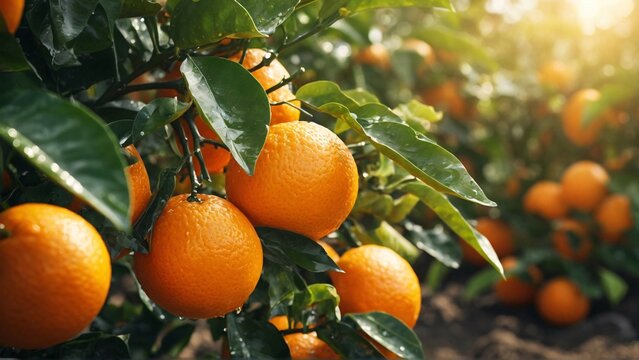 Vibrant orange grove, sun-kissed citrus fruits growing among lush greenery