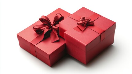 Obraz premium Two red gift boxes with satin ribbons on white background.