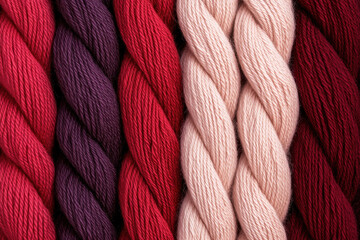 A row of yarns with different colors, including red, purple, and pink