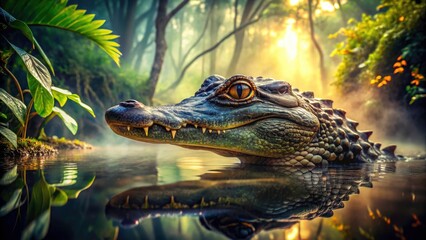 Fototapeta premium Alligator scales gleam, murky water swirls; a wildlife closeup revealing swamp secrets.