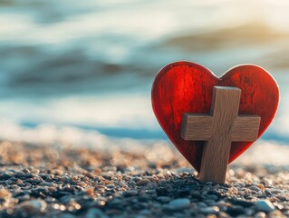 Heart and Cross on the Beach Symbol of Faith and Love
