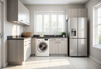 Modern laundry room inside big kitchen interior 