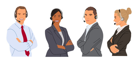 Call center, hotline, customer service representative with headsets vector realistic illustrations isolated. Technical support department workers, telemarketing agents. Multiethnic diverse team.