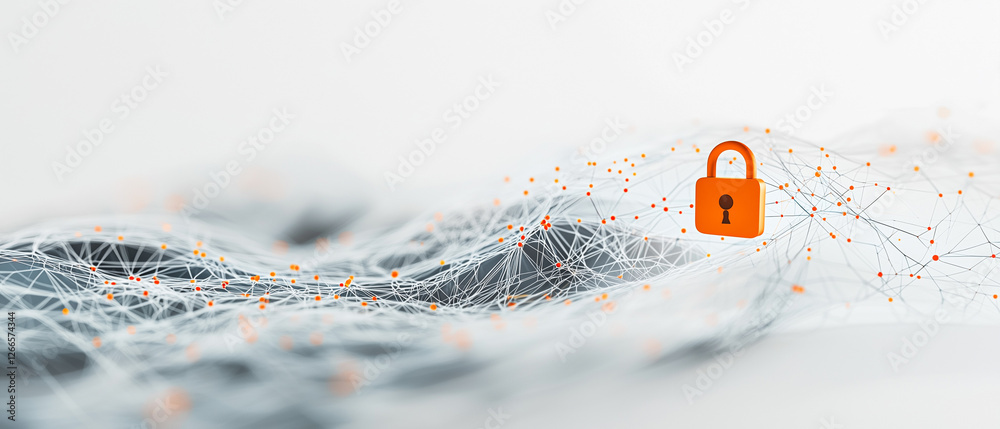 Poster digital network with padlock icon symbolizes secure data flow