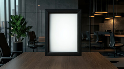 Empty picture frame on wooden table in modern office