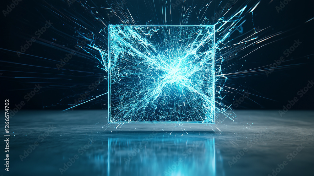 Aufkleber glowing shattered glass cube emits vibrant blue light, creating dynamic abstract scene