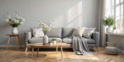 Serene Living Room with Gray Sofa, Wooden Coffee Table, and Floral Arrangements