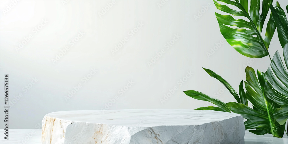 Poster marble platform with green leaves on light background, creating serene and elegant scene