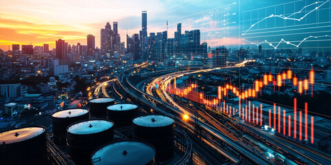 Aerial view of bustling cityscape with oil barrels and financial graphs overlay