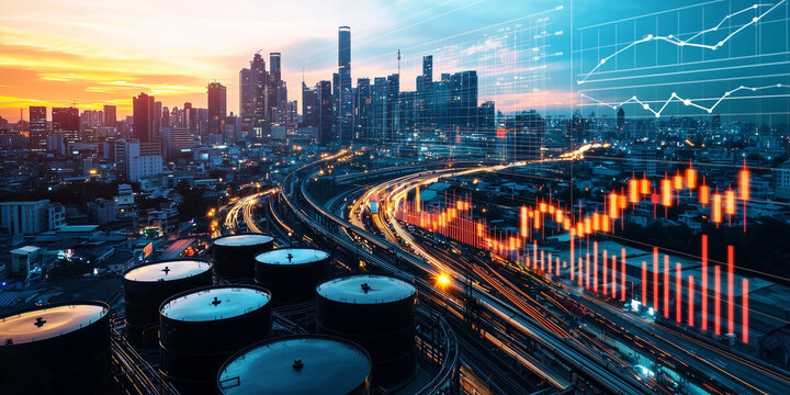 Aerial view of bustling cityscape with oil barrels and financial graphs overlay - Powered by Adobe