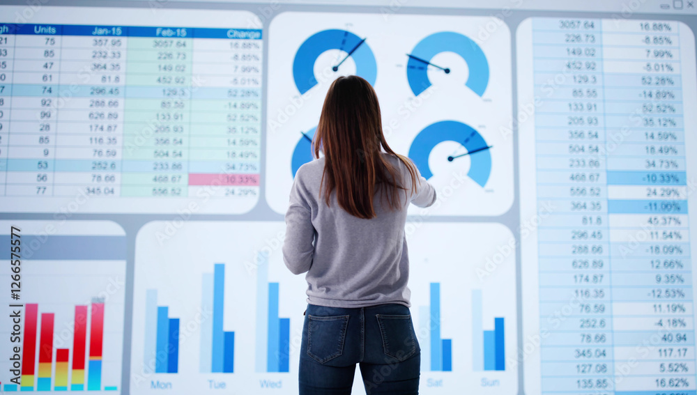 Aufkleber woman analyzing big data on computer screen