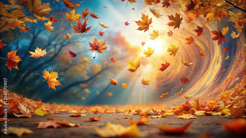 Poster autumnal leaves dancing in a whirlwind of color on a sunlit path