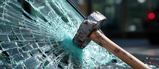 The concept of vehicle damage is exemplified by a shattered windshield and hammer. 