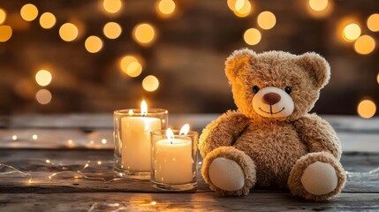 A soothing condolence arrangement symbolizing love, loss, and remembrance with a teddy bear and candle.
