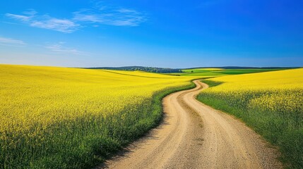 Winding road through yellow rapeseed field, sunny day, countryside landscape, travel poster