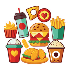 Colorful Fast Food Icons Set for Restaurant or Cafe