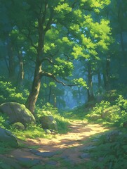 Fototapeta premium Forest path at dusk, sun rays filter through trees, nature scene, travel, background