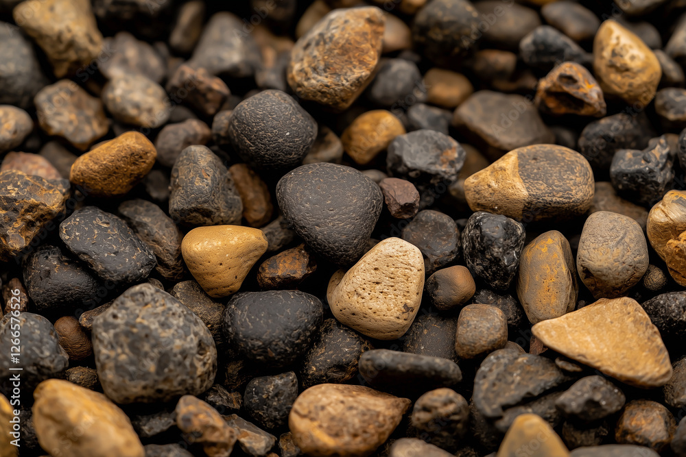 Poster close up view of various smooth pebbles in earthy tones, showcasing texture