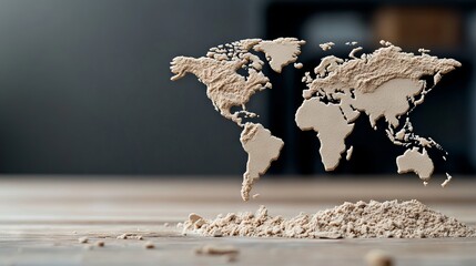 A world map made out of sand on a wooden table