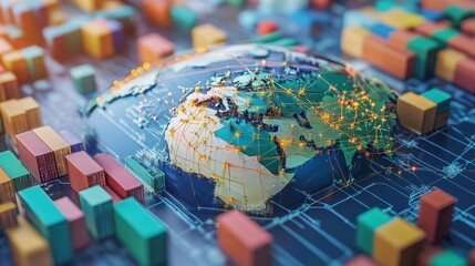 Logistics network flat design side view global supply chain theme 3D render Complementary Color Scheme. 