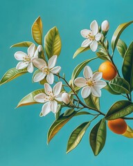 Branch of fragrant orange blossoms with fresh green leaves against a vibrant background