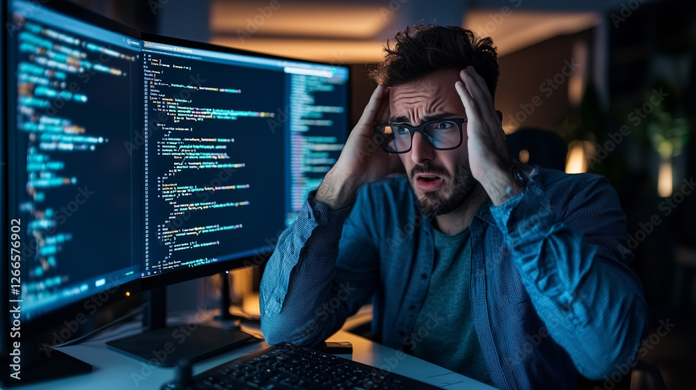 Poster frustrated male programmer in dimly lit room, staring at code on dual monitors