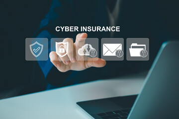 Cyber insurance concept. Insurance that protects your organization from cyber threats. Person use...