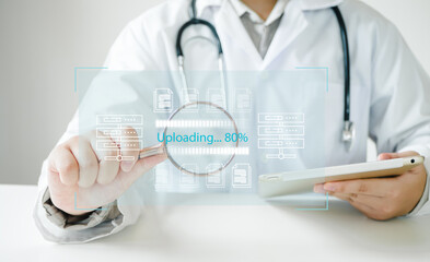 Medicine doctor use laptop to review patient medical with operating system uploading concept. installation app and software update process, User is downloading