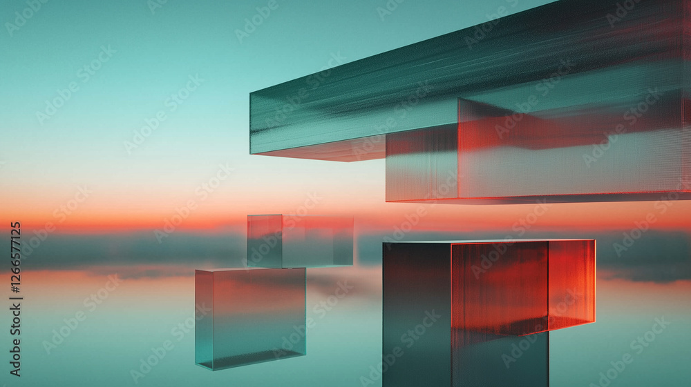 Poster abstract geometric shapes floating in serene sky with vibrant colors