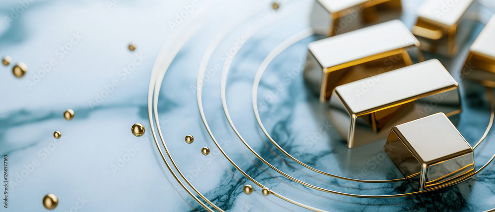 Poster minimalist abstract design with gold bars and circles on marble surface