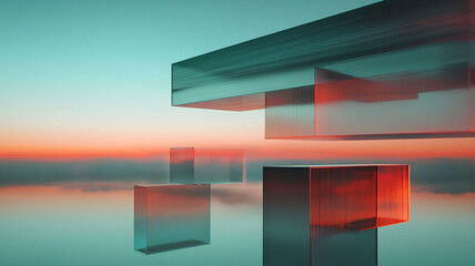 Abstract geometric shapes floating in serene sky with vibrant colors