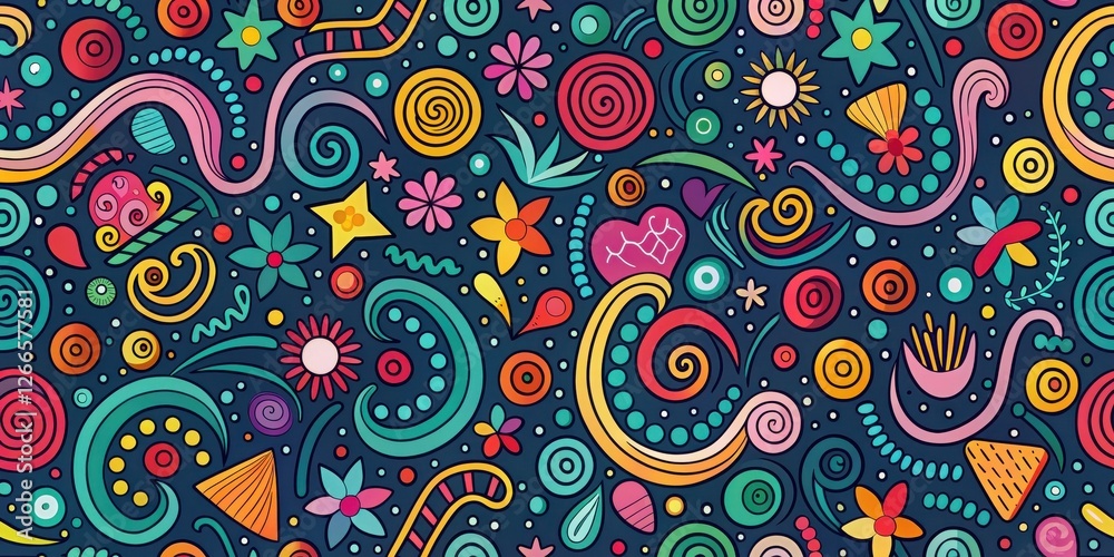 Poster vibrant swirls, flowers, and abstract shapes in a colorful seamless pattern design