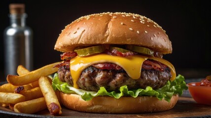 Gourmet Burger Bliss: Grilled Patty, Melted Cheese, Crispy Bacon, and Fresh Lettuce with Golden Fries