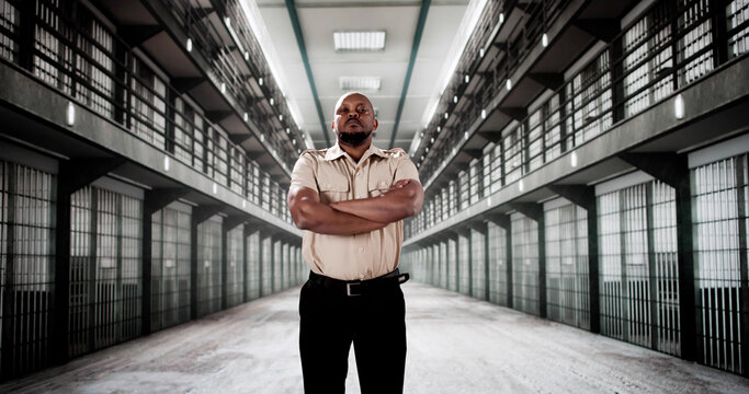 Focused and stoic African American police officer behind prison