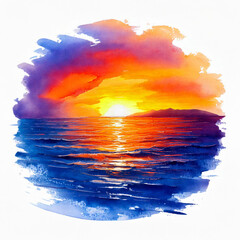 Watercolor spot stroke reminiscent of sunset on the sea on a white background