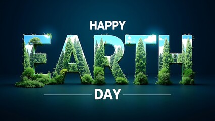 Happy earth day text designed with vibrant green trees, symbolizing environmental protection, sustainability, eco-conscious living, climate awareness, nature conservation, and global environment