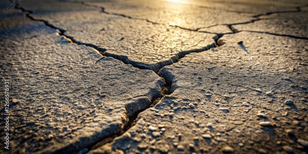 Poster close-up view of sunlit cracked earth texture showing a network of fissures