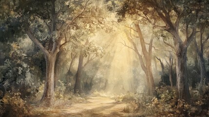 Fototapeta premium Serene Sunlit Forest Path with Soft Light Filtering Through Trees