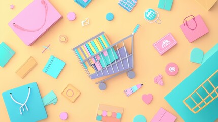 Online shopping flat design top view digital marketing theme animation colored pastel. 