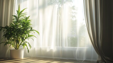 A large window with sheer curtains, sunlight streaming in, and plants on the floor next to it. 