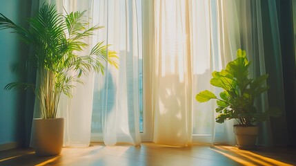A large window with sheer curtains, sunlight streaming in, and plants on the floor next to it. 