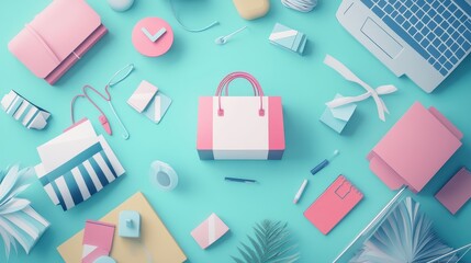 Online shopping flat design top view digital marketing theme animation colored pastel. 