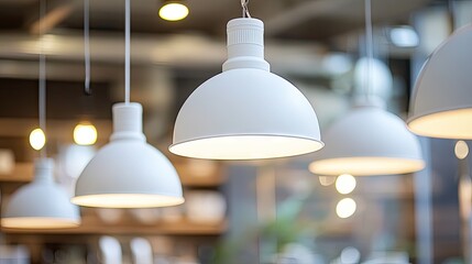 Obraz premium White pendant lights hanging in a bright coffee shop