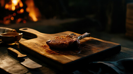Grilled tomahawk steak on wooden board, smoky ambiance