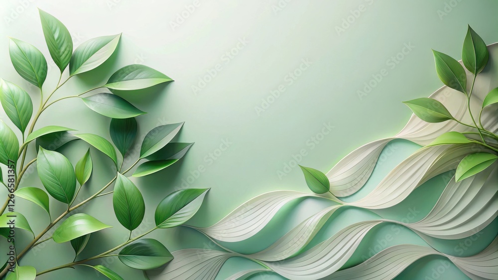 Poster serene green leaves and abstract wavy forms on a soft mint background