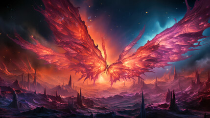 Obraz premium Majestic sentient nebula with cosmic wings soaring through the vastness of space, illuminating the void with vibrant colors and celestial energy