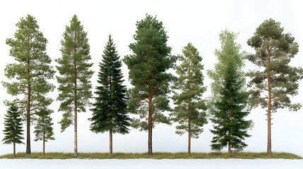 Diverse Pine Trees Isolated on White Background