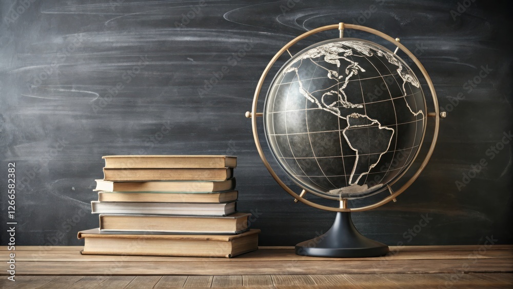 Poster a classic globe and stack of books resting on a wooden desk against a dark chalkboard background, sy